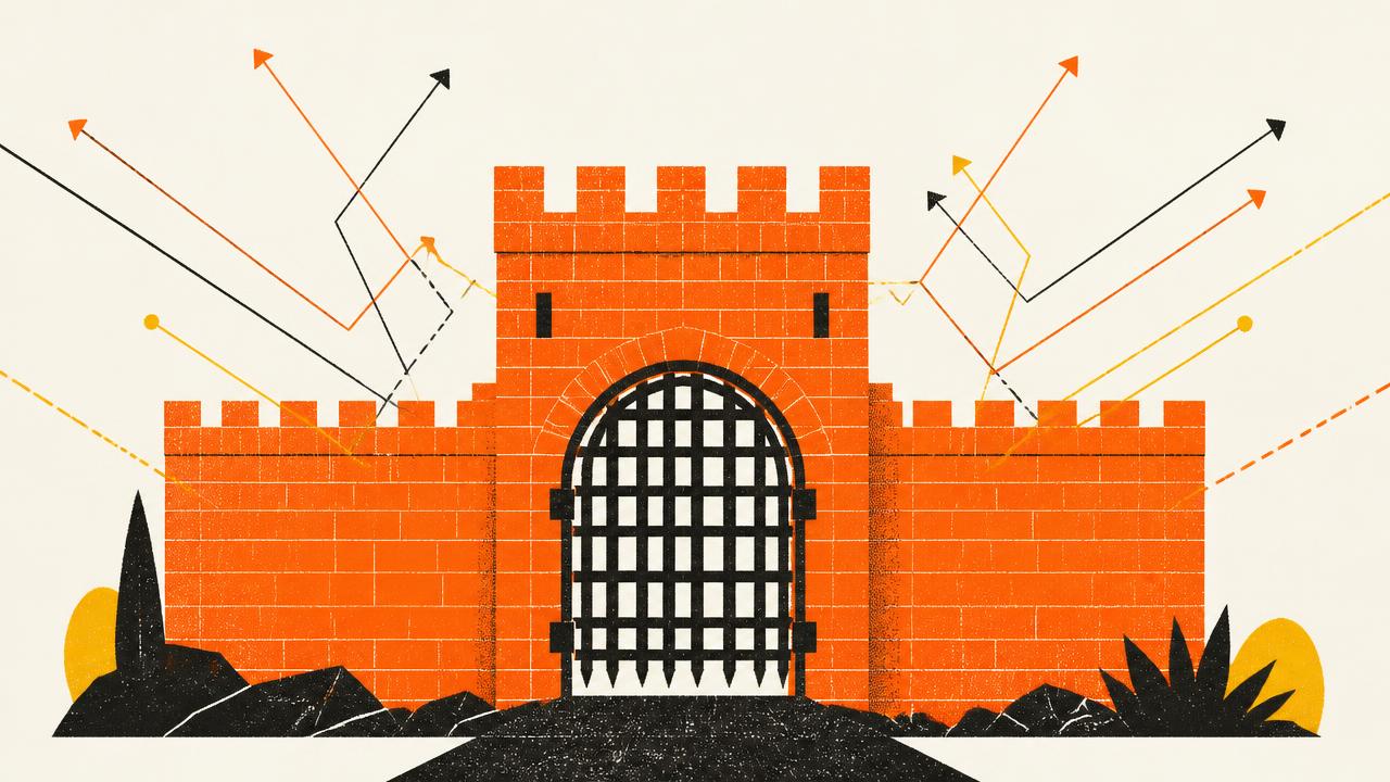 Illustration of a closed gatehouse with crawler paths bouncing off the wall
