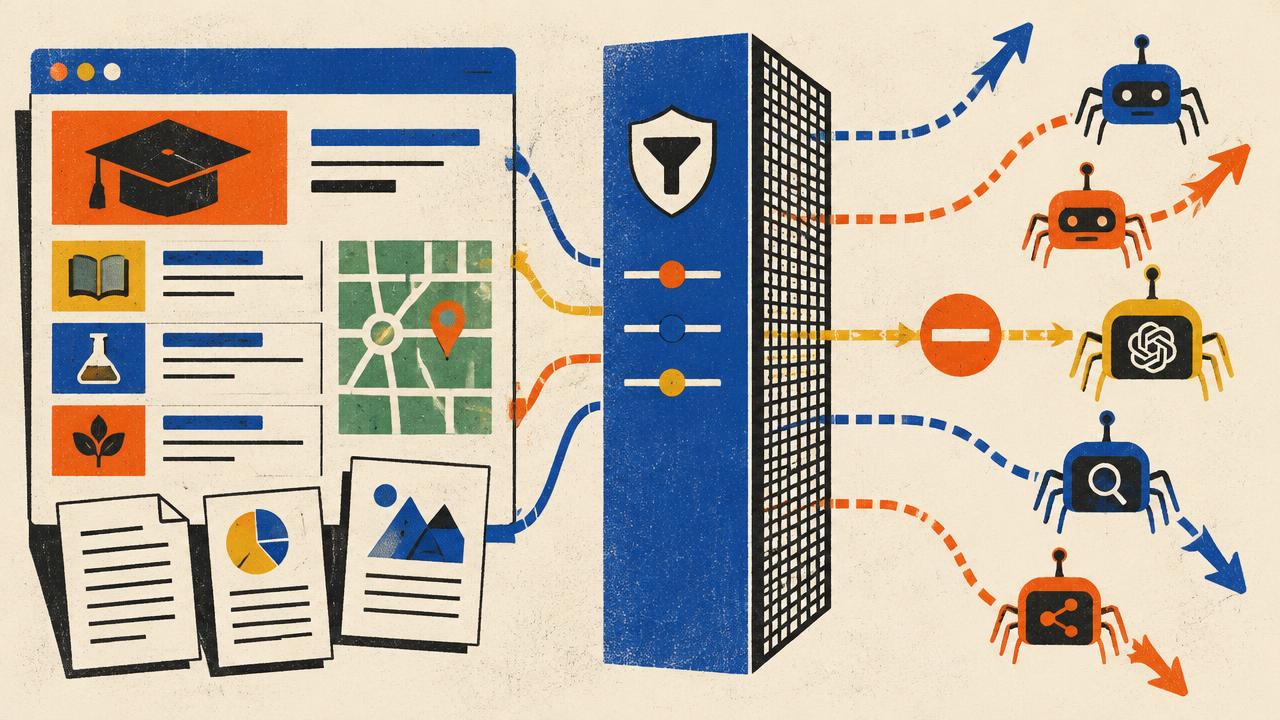 Diagram of university web content passing through an edge firewall toward AI crawlers