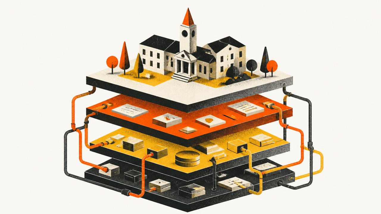 Isometric illustration of layered content platform slabs beneath a campus building