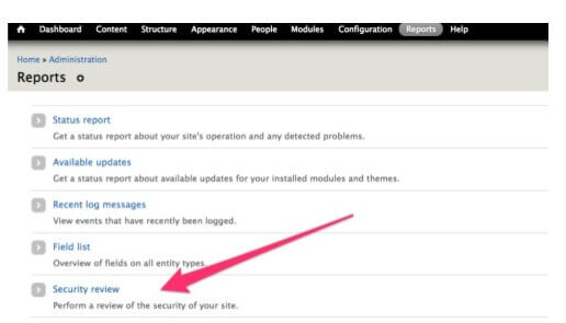 A screenshot of Drupal reports highlighting Drupal’s Security Review