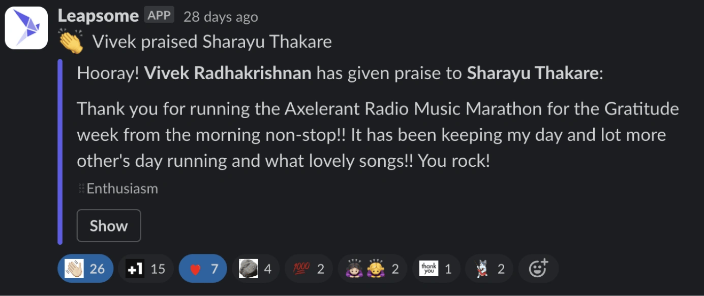 Axelerant team member Sharayu getting recognized for playing the radio music marathon during Gratitude Week