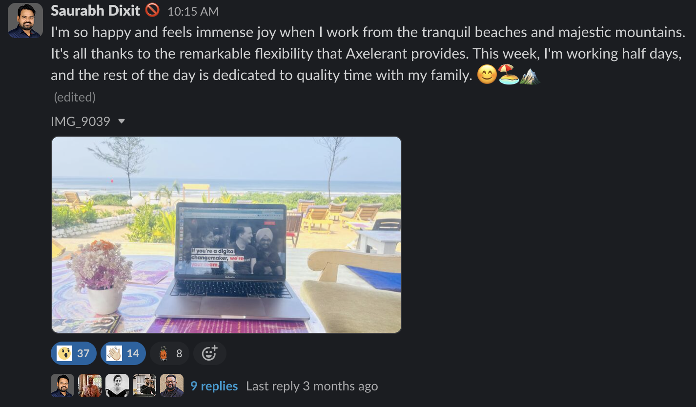 Sourabhs message of thanks working remotely from a beach at Axelerant