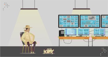 The Axelerant Spy character sitting in his master control room with his dog Dobby by the side 
