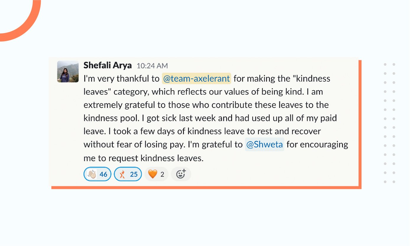 Axelerant team member expressing gratitude for kindness leave