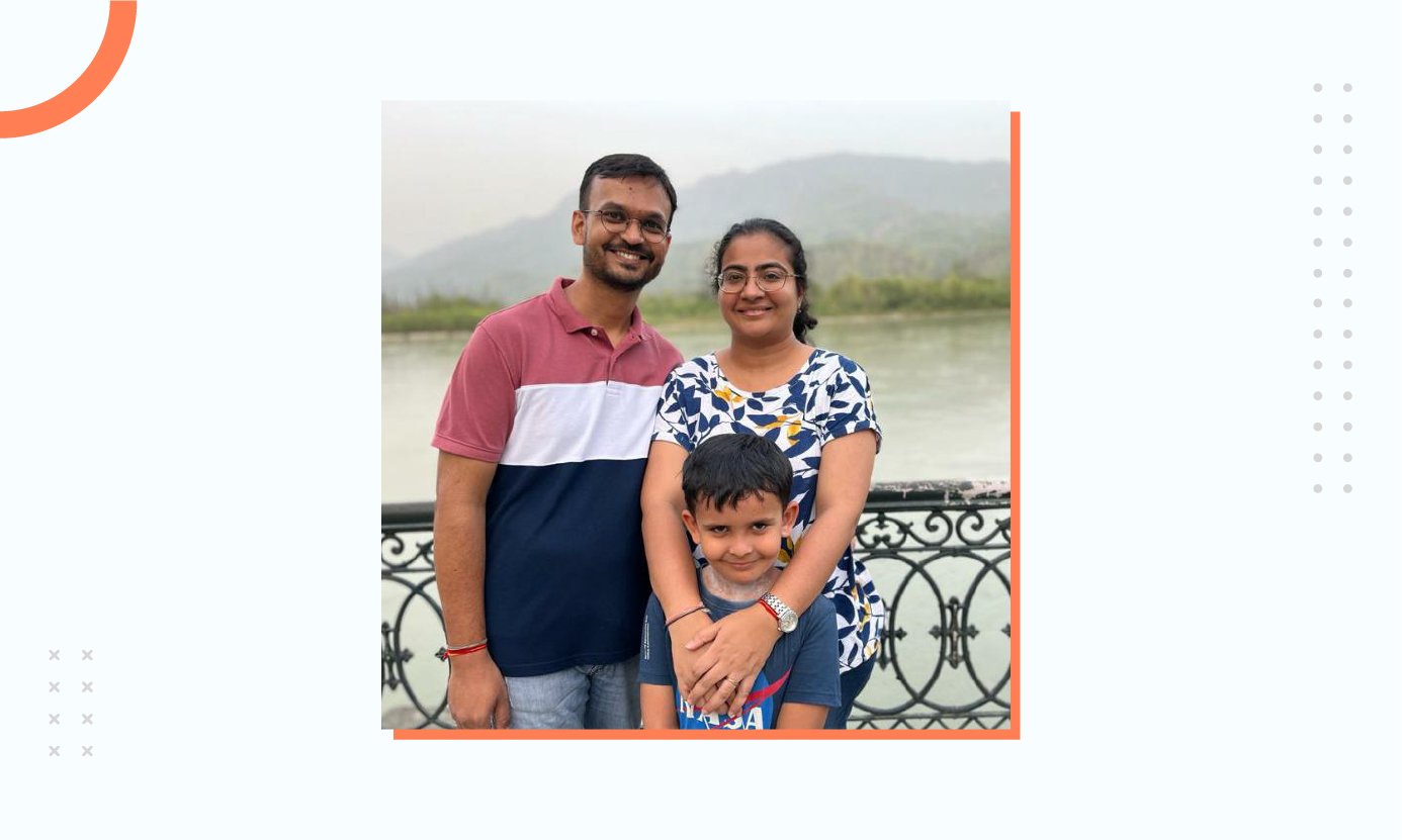 Hetal’s family standing in front of a lake in Ahmedabad