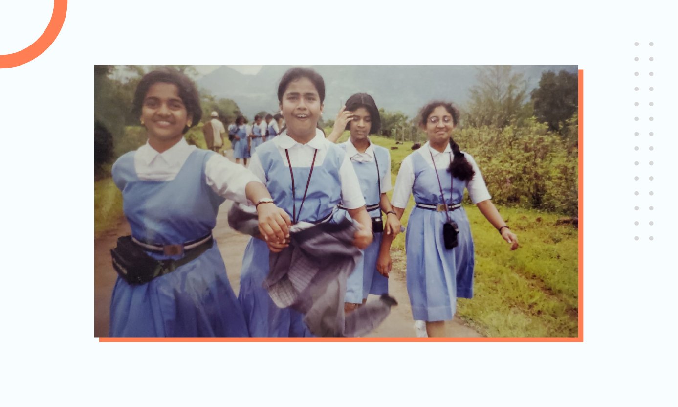Shweta as a school student with friends on a garden