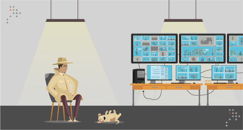 The Axelerant Spy character sitting in his master control room with his dog Dobby by the side 
