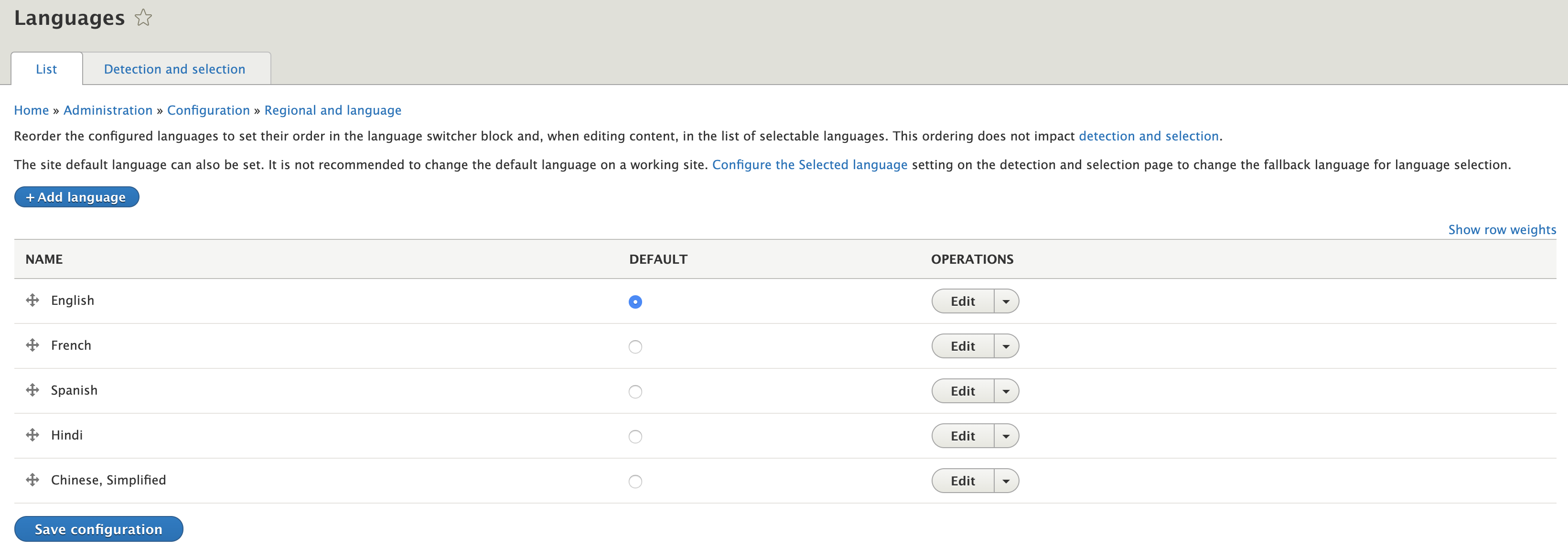 screenshot of Drupal backend for list of languages