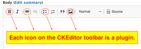 Icons on the CKEditor toolbar as plugin highlighted with arrows