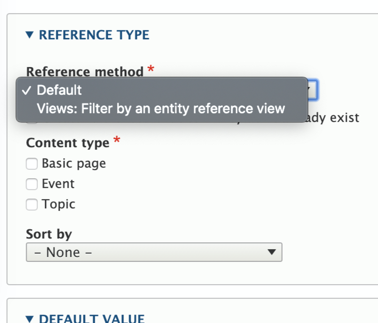Figure 1: Entity reference field settings config for a node