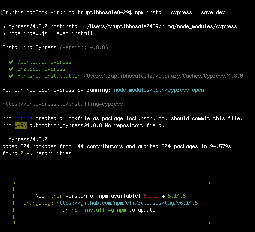 lines of code for installing cypress