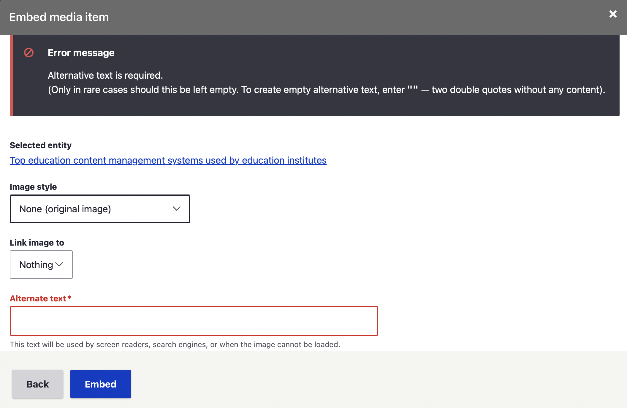 How Drupal CMS takes care of the accessbility by mkaing sure you add an alt text to the image