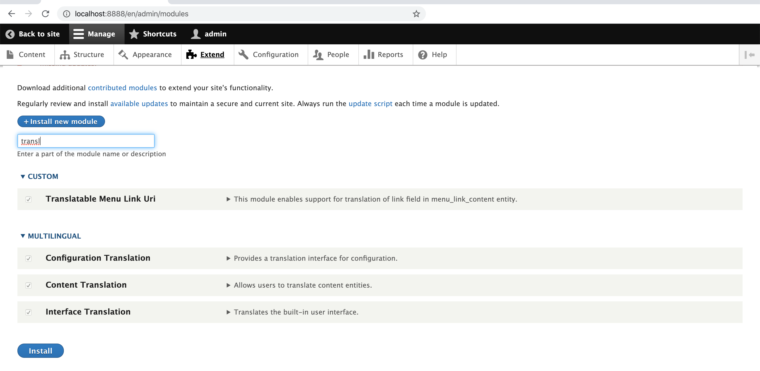 screenshot of backend for multilingual sites in Drupal