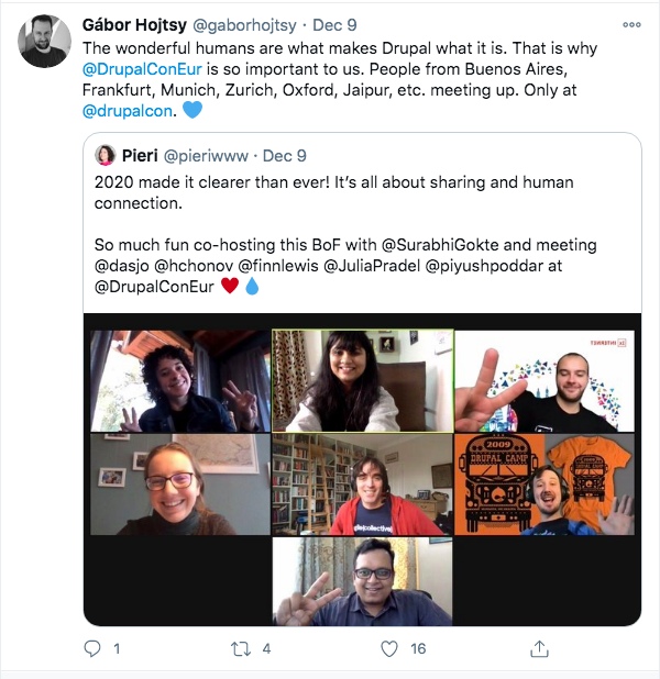 Axelerant at DrupalCon Europe 2020, a wrap-up Gábor Hojtsy retweets Pierina's tweet