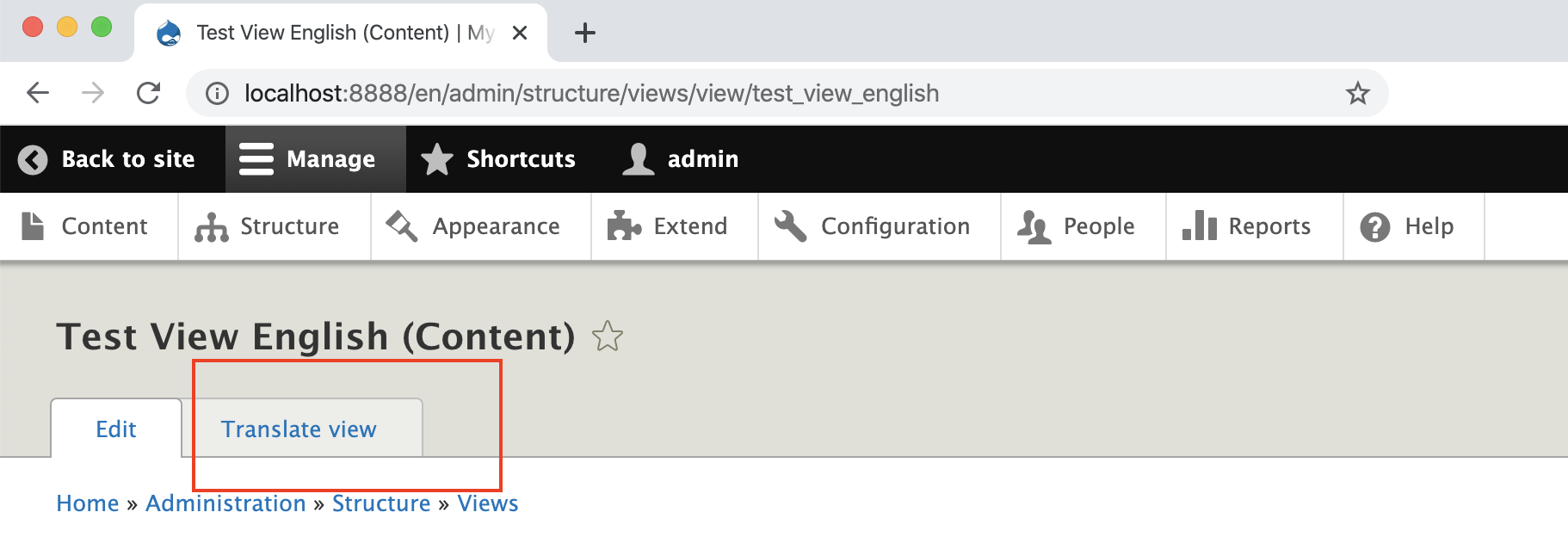 screenshot of backend for test view english content
