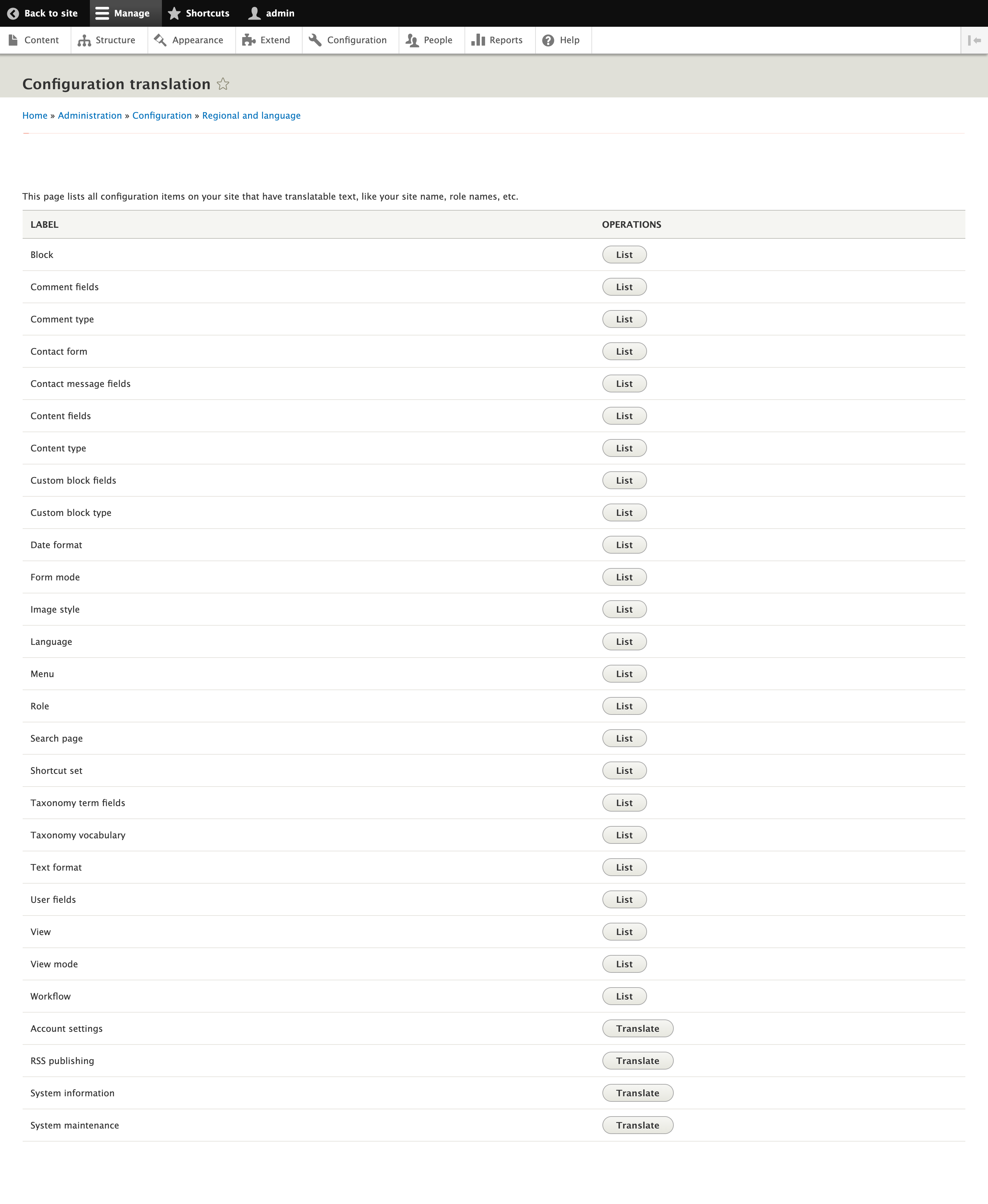 screenshot of backend for configuration translation