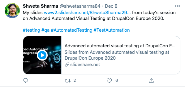 A tweet from Shweta Sharma about her session at DrupalCon Europe 2020