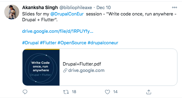 A tweet from Akansha about her session at DrupalCon Europe 2020