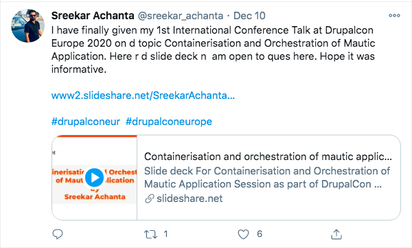 A tweet from Sreekar about her session at DrupalCon Europe 2020