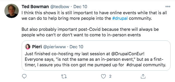 Ted Bowman retweets Pierina's tweet on Co-hosting DrupalCon Europe 2020
