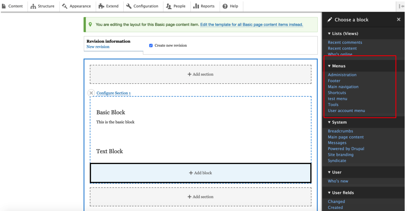 Click to add block option in Layout builder