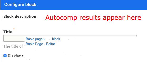 autocomp results displayed in the layout builder window