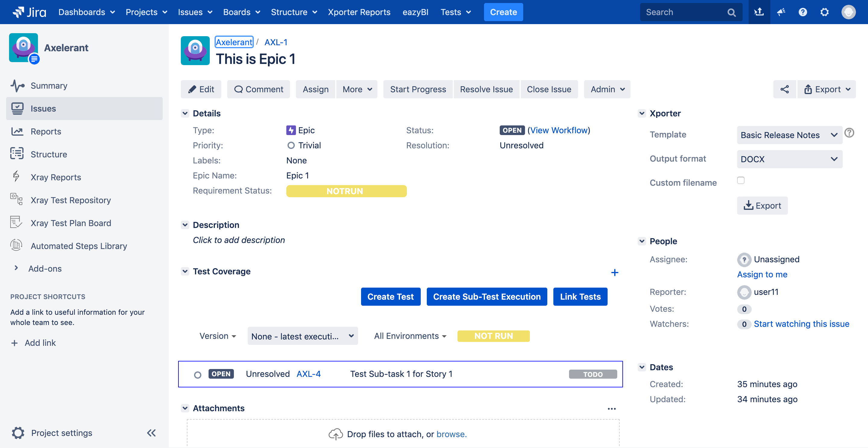 screenshot of Jira board for epic 1