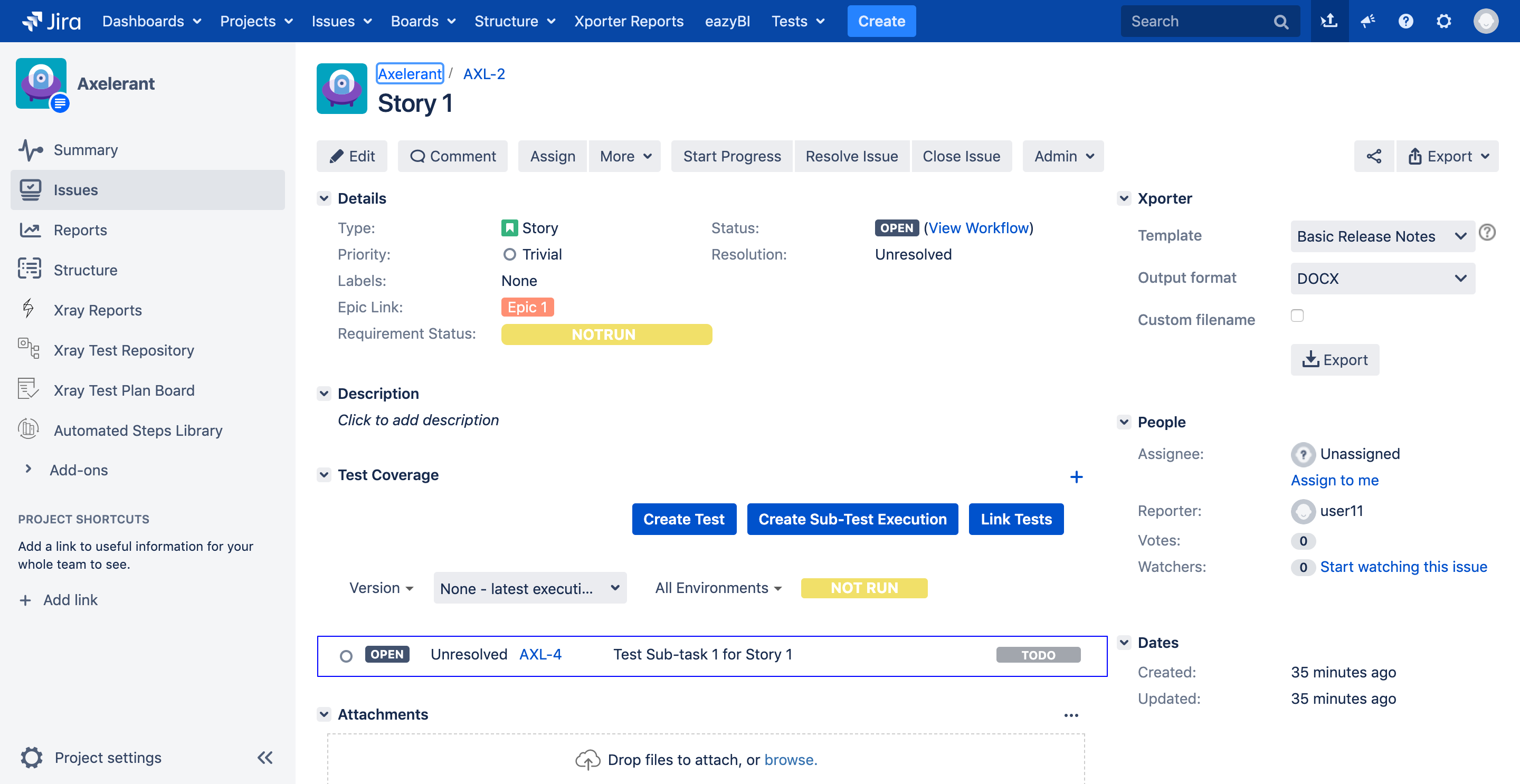 screenshot of Jira board for story 1