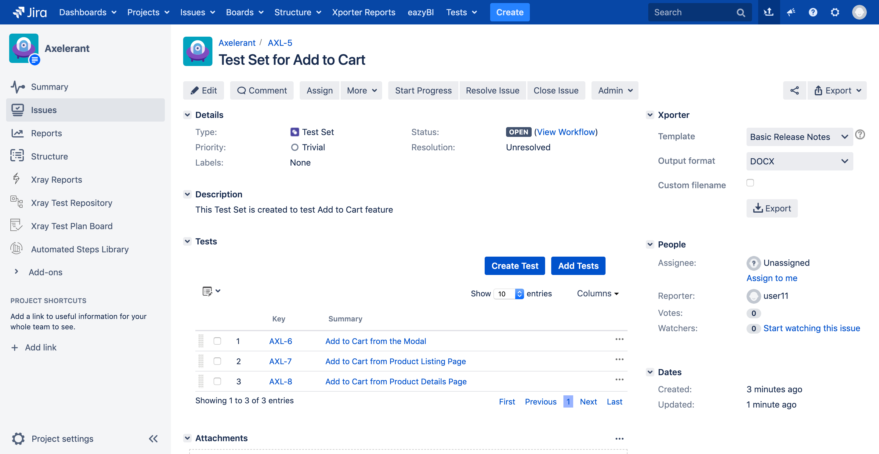 screenshot of Jira board for test set for Add to Cart