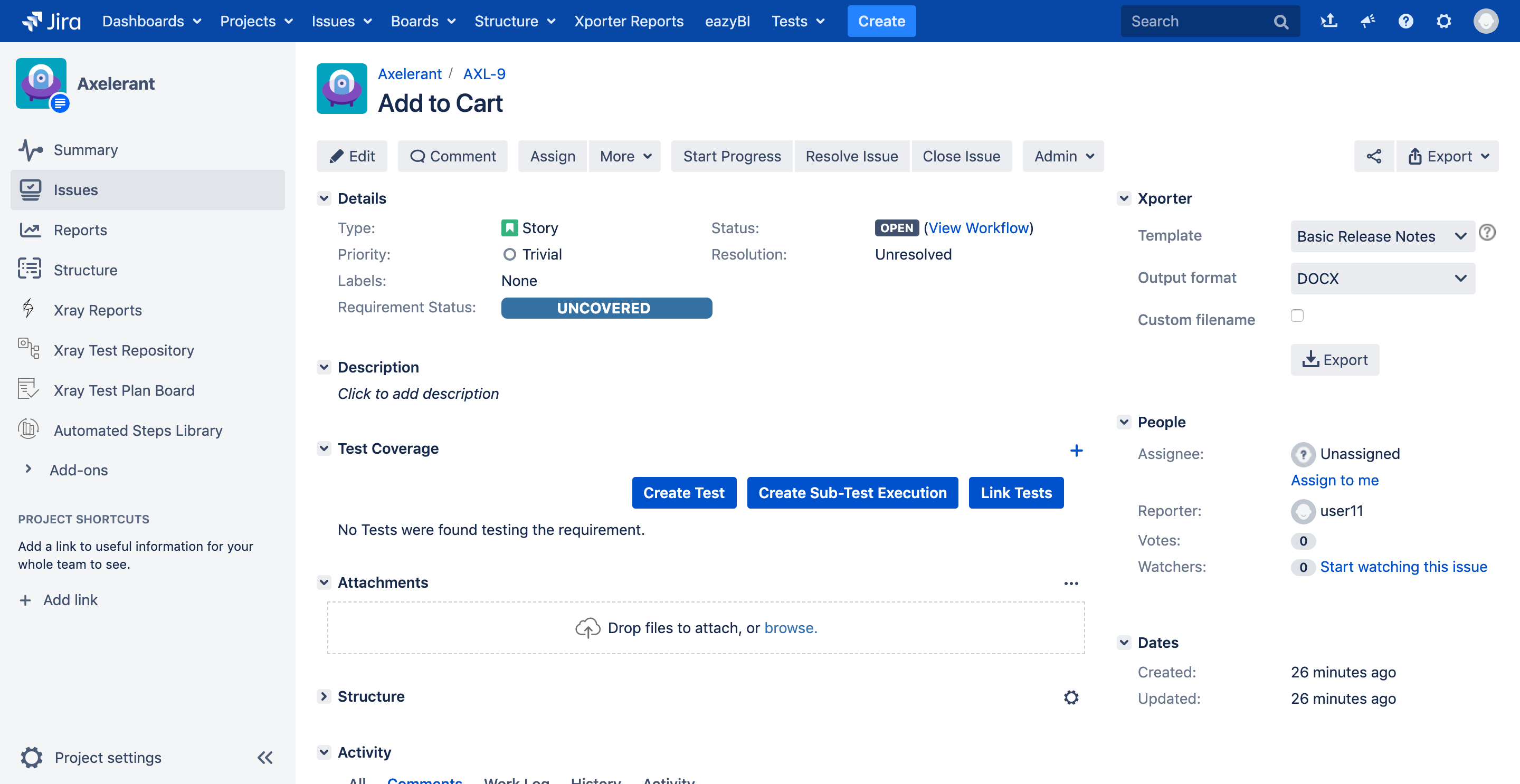 screenshot of Jira board for Add to Cart