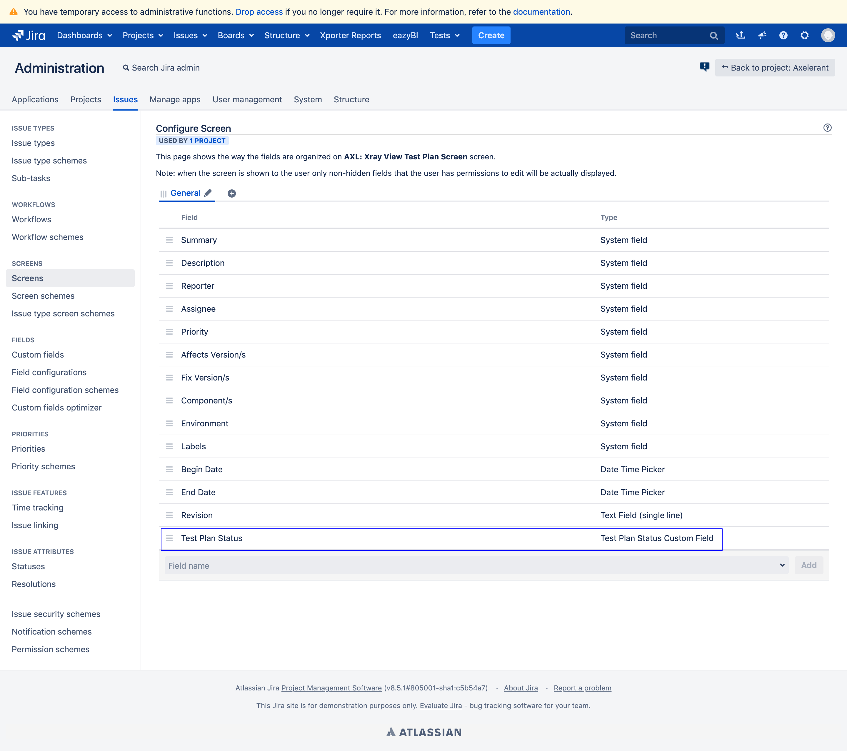 screenshot of Jira board adminstration