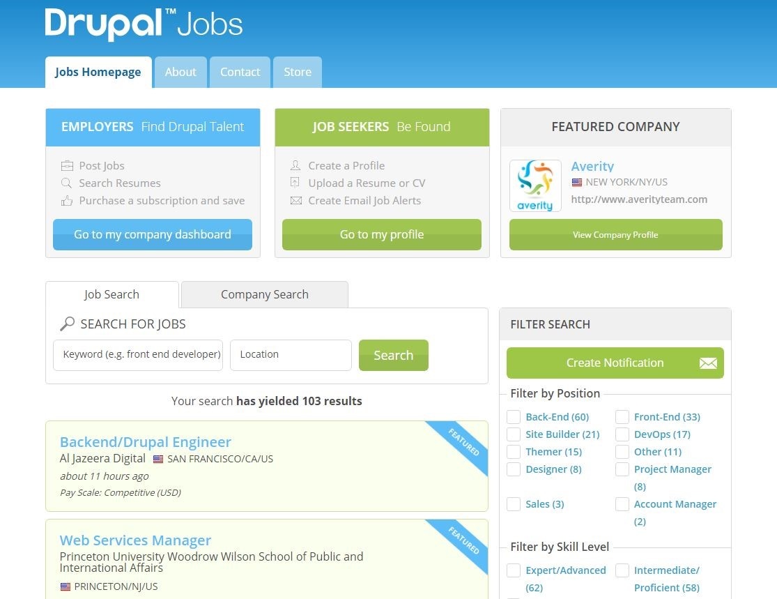 Drupal Jobs Homepage screenshot