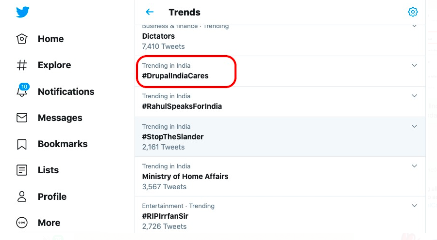 #DrupalIndiaCares trending among the top twitter trends